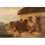 Thomas Smythe (1825-1907)/Young Man/with a dog and horses before a thatched building/oil on canvas,