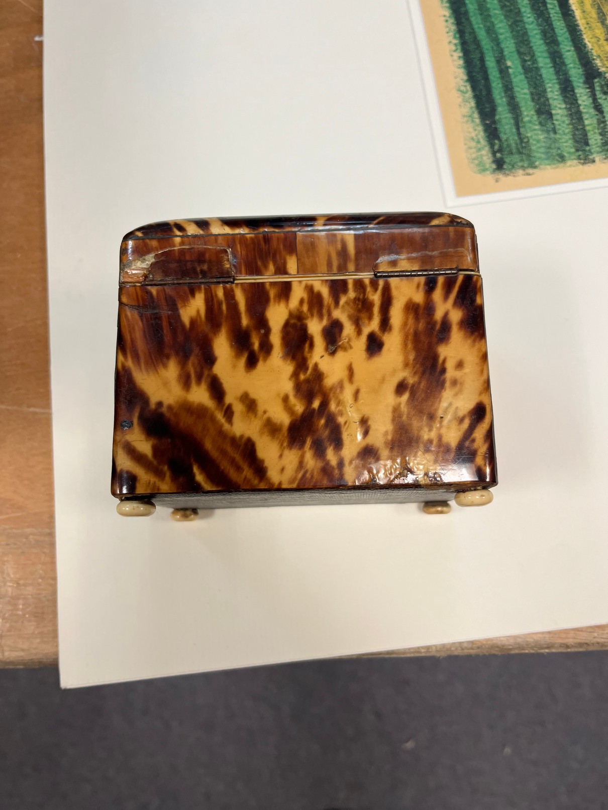 A late 18th Century rectangular tortoiseshell tea caddy on ivory bun feet, - Image 2 of 10