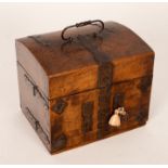 A Victorian small walnut casket, with ring handles and iron strapwork hinges,
