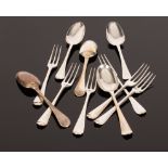 Five 18th Century silver tablespoons and six three pronged silver table forks,