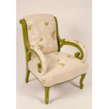 A modern painted and upholstered armchair, scrolled arms,