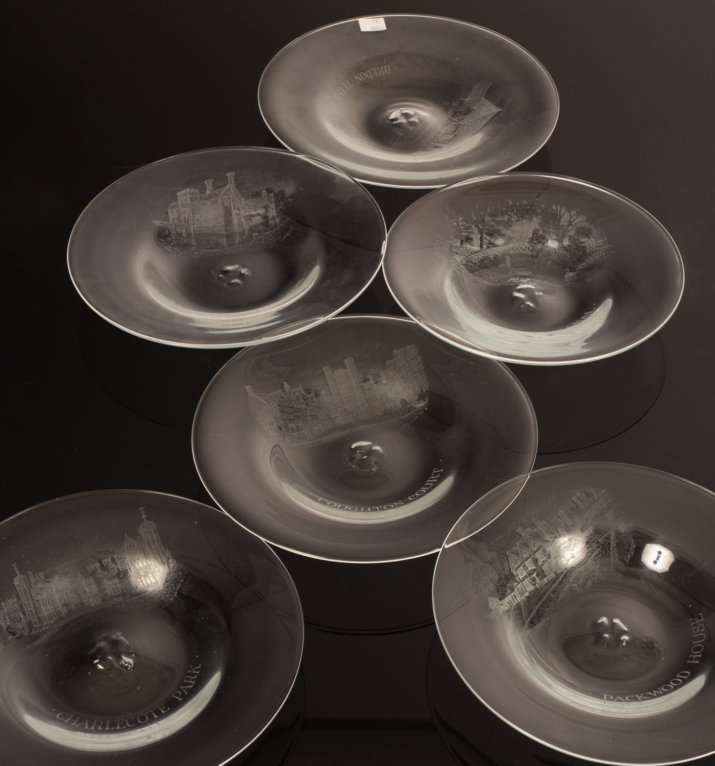 Six circular glass dishes engraved with scenes of National Trust properties, Charlecote Park,