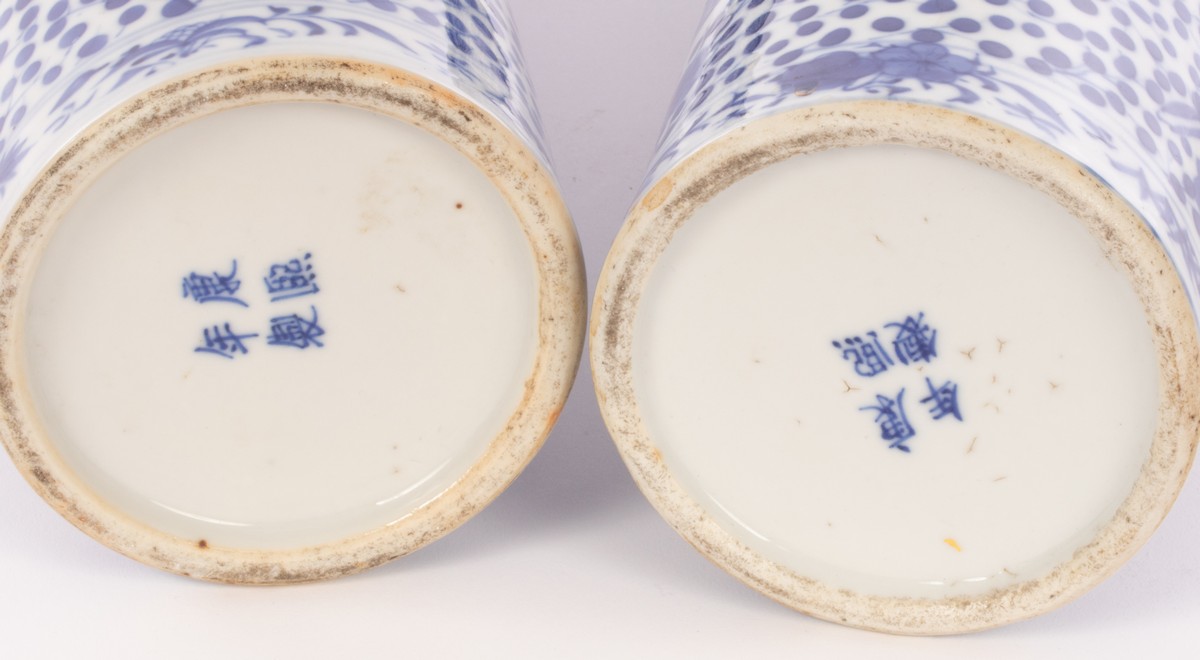 A pair of Chinese blue and white porcelain vases, Tongping, Qing, - Image 3 of 3