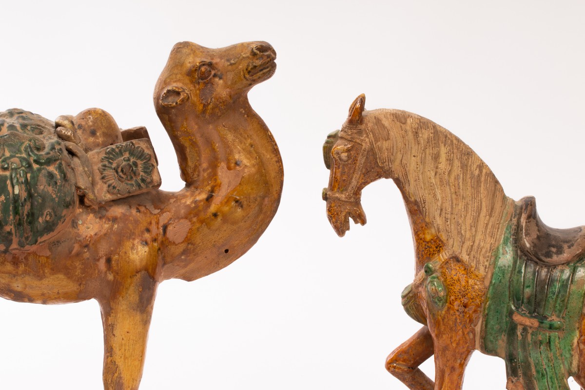 Two Chinese Tangsancai terracotta animals, one horse, 28cm high and one camel, 31cm high, - Image 4 of 12