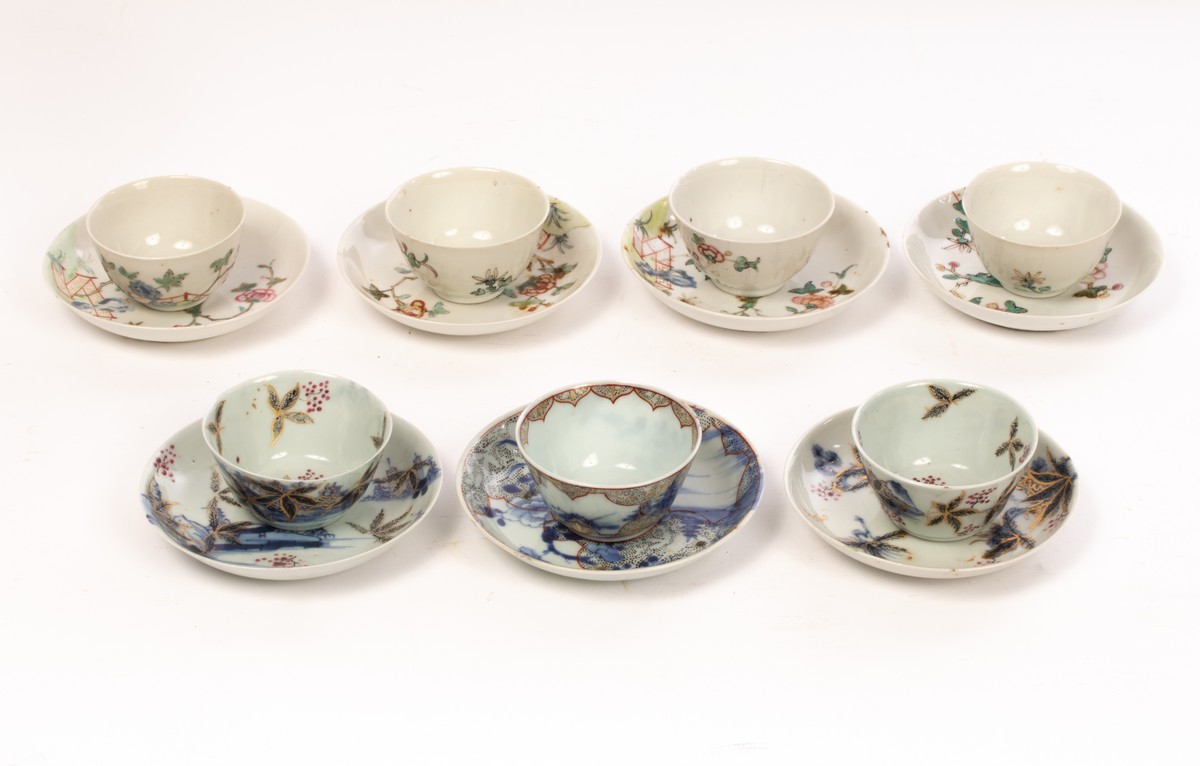 Seven Chinese export tea bowls and saucers, Qing dynasty, 18th Century, - Image 3 of 8