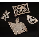 Four silver brooches including a Norseland by Coro example depicting a deer among foliage, 5.