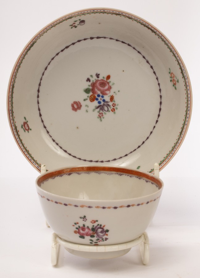 Seven Chinese famille rose porcelain items, 18th Century, comprising two teacups and five saucers, - Image 2 of 3