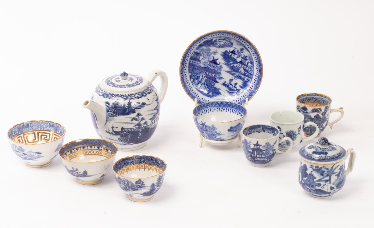 Ten items of Chinese blue and white porcelain teaware, Qing Dynasty,