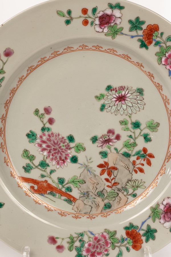 A pair of Chinese famille rose porcelain plates, Qianlong, decorated with chrysanthemums, peonies, - Image 2 of 3