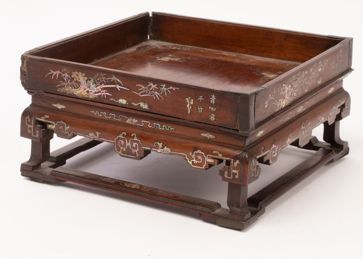 A Chinese square double height mahogany tray, 19/20th Century, with mother-of-pearl inlaid flowers, - Image 6 of 6