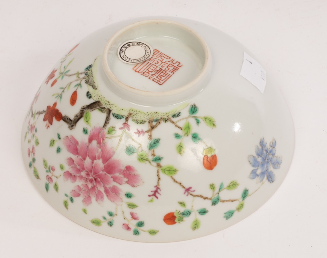 A Chinese famille rose porcelain bowl, 19th Century, decorated with peonies, lilies and butterflies, - Image 2 of 4