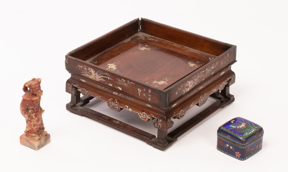 A Chinese square double height mahogany tray, 19/20th Century, with mother-of-pearl inlaid flowers,