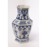 A Chinese hexagonal blue and white porcelain vase, Qing Dynasty,