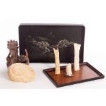 Various oriental sundries including three Indian bone carvings, a rosewood dragon carving,