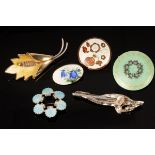 Six assorted brooches to include a Norwegian enamelled brooch by David Andersen,