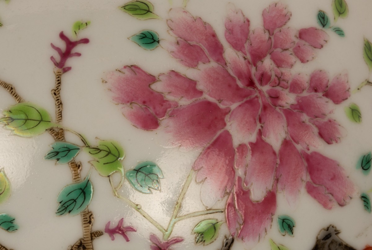 A Chinese famille rose porcelain bowl, 19th Century, decorated with peonies, lilies and butterflies, - Image 3 of 4