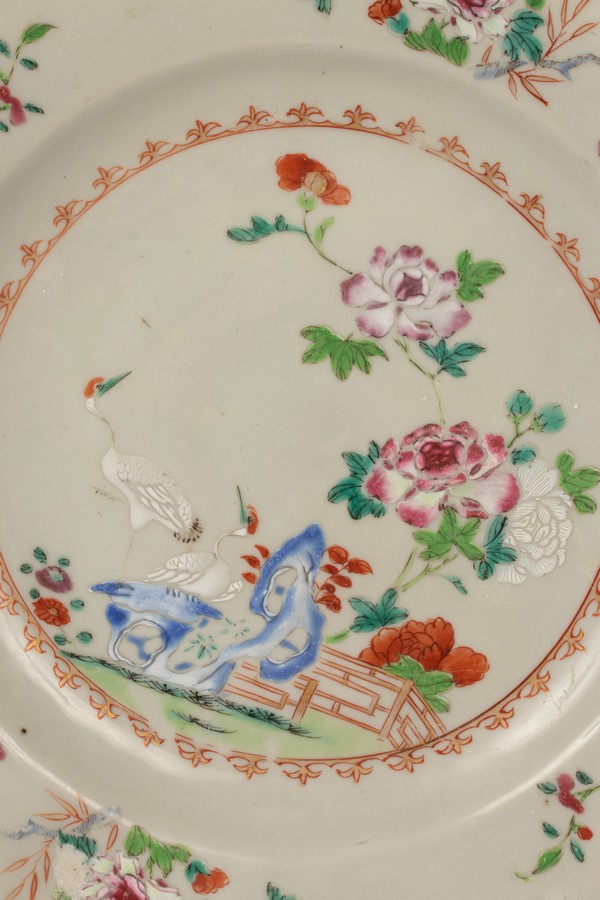 A pair of Chinese famille rose porcelain plates, Qianlong, decorated with peonies, cranes, - Image 2 of 3