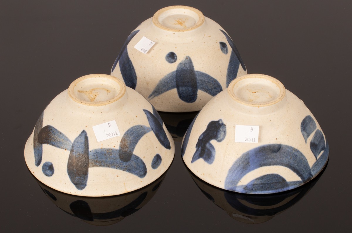 Geoffrey Eastop (British 1921-2014), three stoneware footed bowls, painted blue slips, - Image 2 of 3