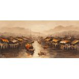 P C Wang (possibly Peter Wang, American)/Fishing Village/oil on canvas,
