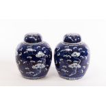 A pair of blue and white Chinese prunus jars and covers, 19th Century,