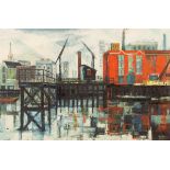 Joan Marian Hubbard (1929-1998)/Thameside Warehouse/initialled MH lower left/oil on board,