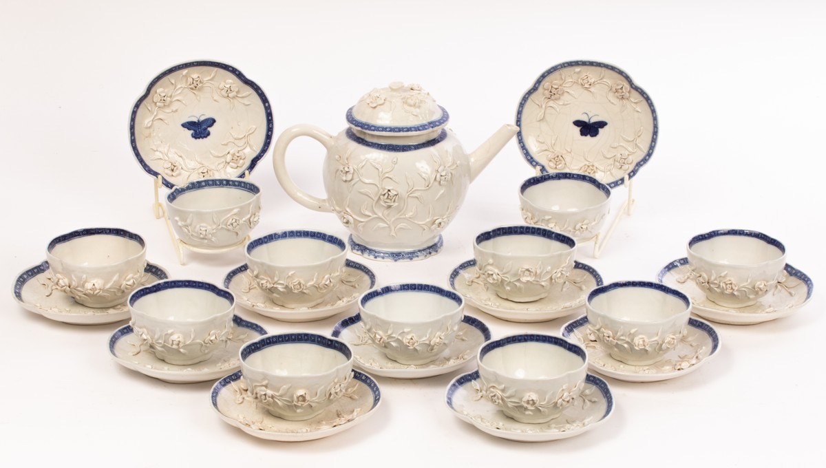 A Chinese export white and underglaze blue part tea set, Qing dynasty, Qianlong period,