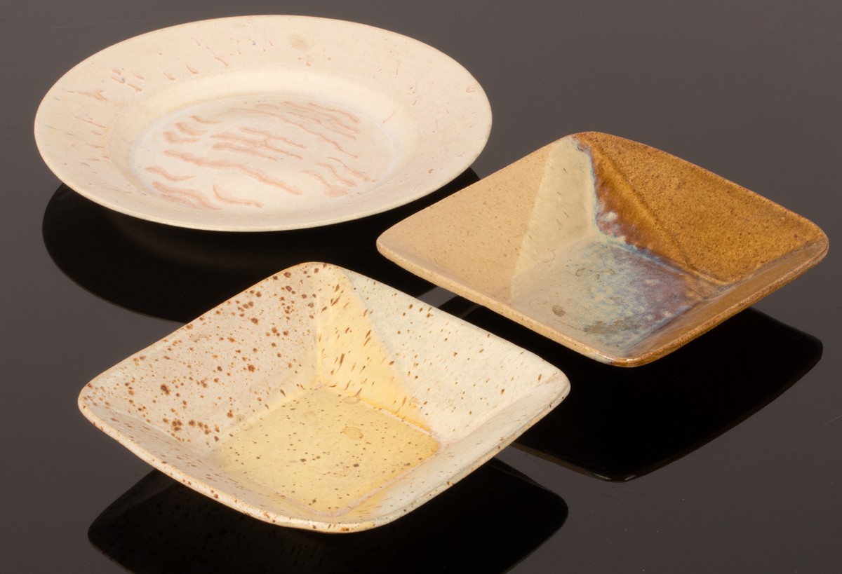 Geoffrey Eastop (British 1921-2014), two stoneware plates, square with flared sides,