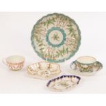 A Worcester Hop Trellis pattern tea bowl, saucer and saucer dish, a teacup,