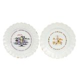 Two Bristol Delftware plates, circa 1760, both with bianco sopra bianco borders,