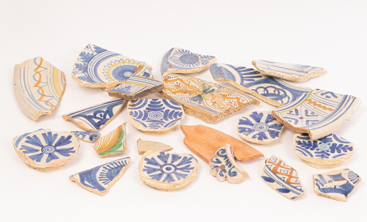 A large quantity of 17th Century Delftware shards from Pickleherring Quay in Southwark and various