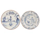 Two English Delftware small plates, circa 1745-60, one with a standing Long Eliza figure, 17.