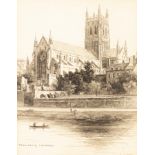 Harry Davis (1885-1970)/Worcester Cathedral from the River Severn/signed/a remarkably detailed pen