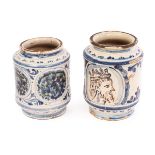 Two Sicilian Maiolica albarelli, Caltagirone, 17th-18th Century, of cylindrical shape,