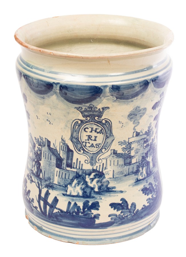 A massive Abruzzi Maiolica albarello, Abruzzi, dated 1725,