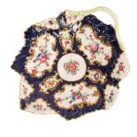 A Worcester blue scale ground leaf-shaped dish, circa 1770, with cartouche of flowers,