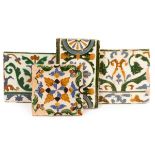 Four Spanish Maiolica Arista tiles, circa 1550-75, lightly moulded and coloured in honey brown,