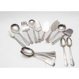 A quantity of Danish silver serving spoons, a cake slice, a cake knife,