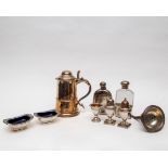 Sundry silver plate to include salts, sifters, a wine funnel, tankards,