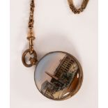 A Continental enamel pocket watch purse on a chain, the enamel dial with Roman numerals,