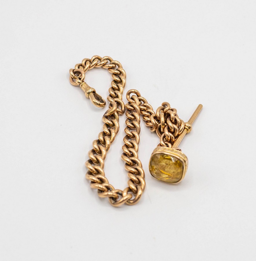 A 9ct gold Albert chain with T-bar and 9ct gold fob pendant set a citrine, - Image 2 of 2
