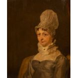 Regency School/Portrait of a Young Lady/half-length, wearing a bonnet and grey dress/oil on panel,