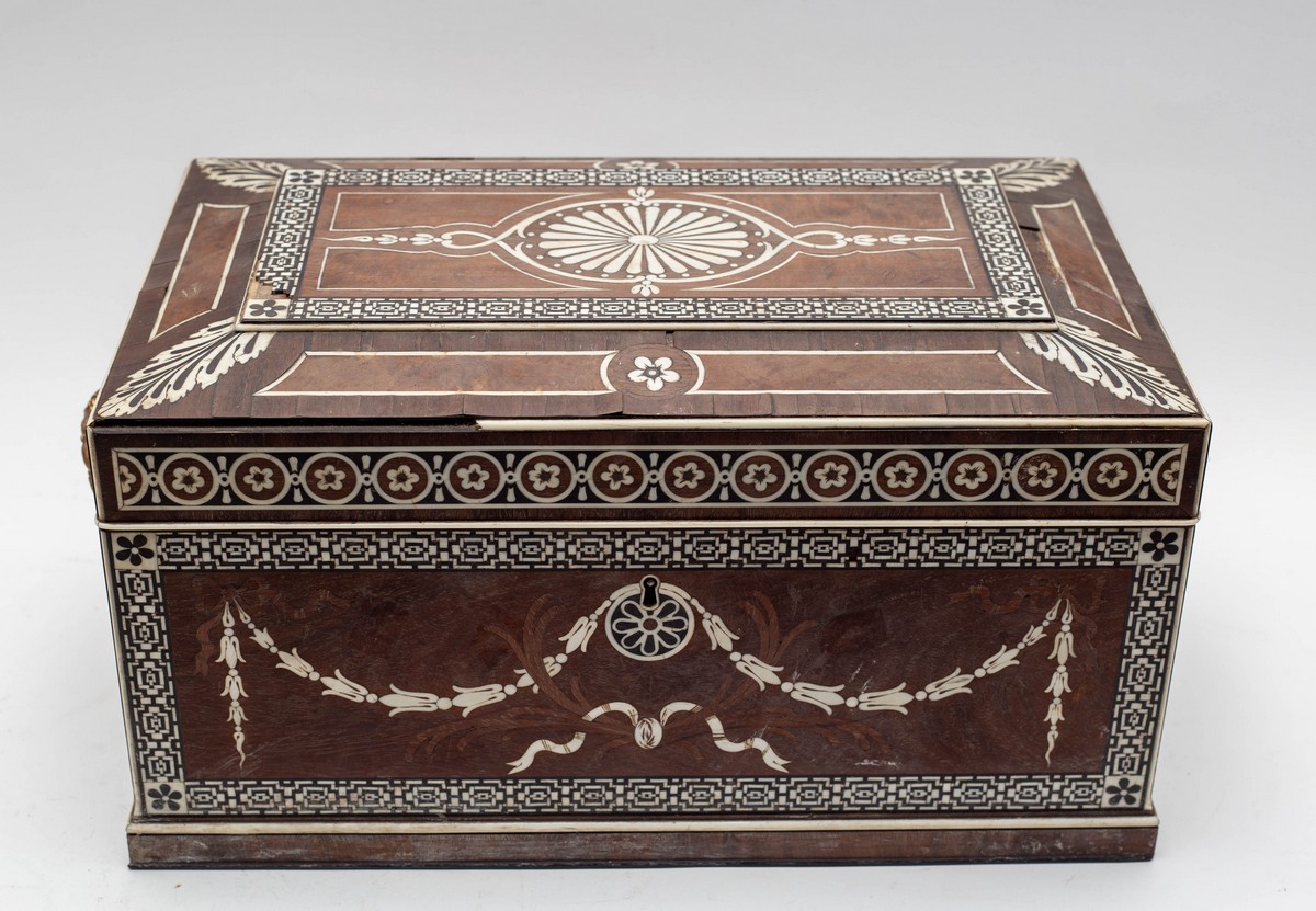 A mid 19th Century satinwood and Kingwood work box inlaid ivory hare bells, foliage etc, - Image 2 of 8