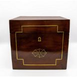 A flame mahogany decanter box with brass inlay,