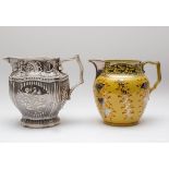 A silver resist lustre jug, circa 1820 and another in yellow, decorated with floral designs,