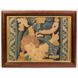 A small panel of Jacobean needlework depicting putto amongst foliage, 33cm x 46.