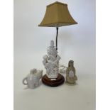 A 20th Century Chinese Dehua kiln white glazed lamp depicting Guanyin lavishly dressed and sitting