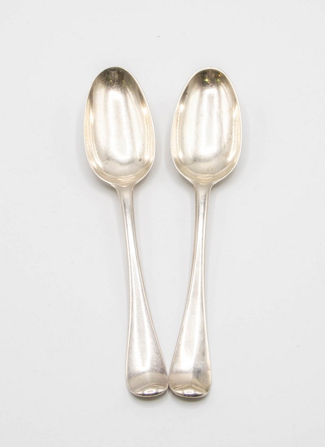 A pair of George II Hanoverian pattern silver spoons, Ebenezer Coker, London 1740, 20cm,