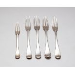 A set of four George II silver sweet meat forks, Ebenezer Coker,