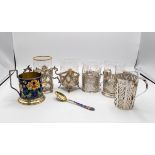 Five Russian tea glass holders, circa 1900, four silver,