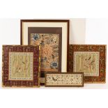 Four Chinese embroidered pictures, 19th/20th Century, depicting flowers and birds,